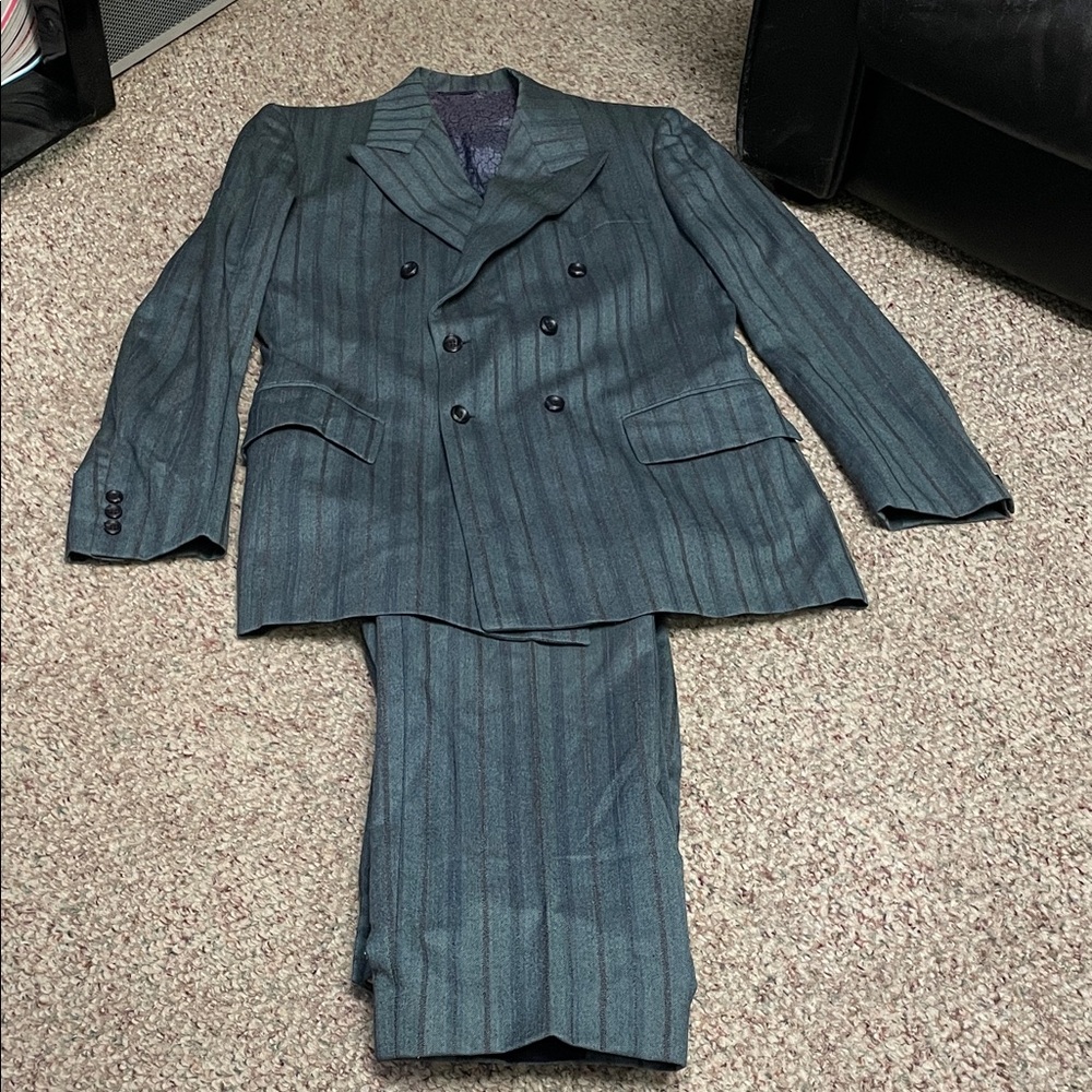 Vintage 80s Savile row Men's Double-Breasted Striped Suit - Gray